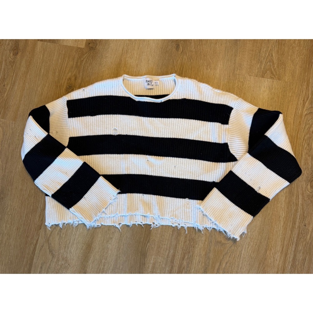 Princess Polly Black White Striped Distressed Cropped Knit Sweater ML - Picture 1 of 4